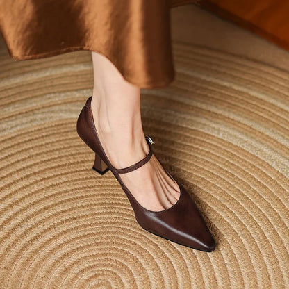 NEW Spring/Autumn Women Pumps Genuine Leather Shoes for Women Pointed Toe Thin Heel Shoes Shallow Buckle Strap Mary Janes Shoes