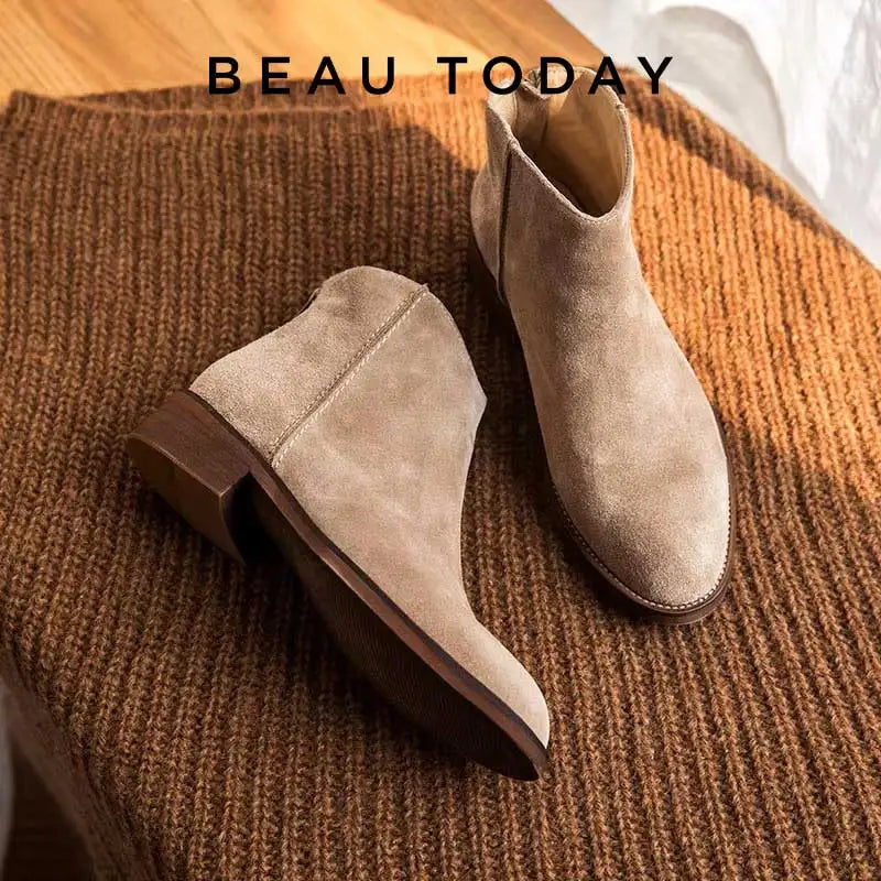 BEAUTODAY Suede Ankle Boots Women Soft Cow Leather Back Zip V-shape Ladies Autumn Winter Boots Handmade 03274