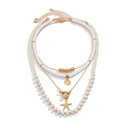 Ingemark 3Pcs/Set Bohemian Scallop Starfish Pendant Necklace for Women  Elegant Imitation Pearl Chain Jewelry Accessories Gift