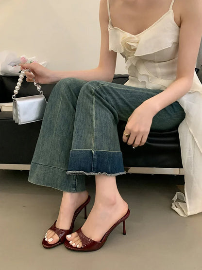 Liyke Wine Red Patent Leather Women Slippers Sandals Fashion Round Open Toe Thin High Heels Mules Slides Summer Party Dress Shoe