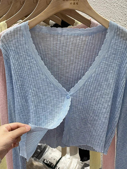Summer Short Ice Silk Knitted Sun Protection Cardigan Women's Thin Suspender Skirt Layered Gauze Jacket Air-conditioned Cover Up