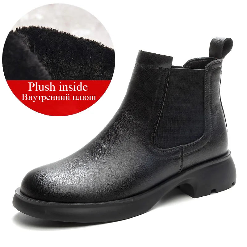 DRKANOL Fashion Women Thick Heel Ankle Boots Autumn Winter Warm Shoes Round Toe Real Cowhide British Style Slip On Chimney Boots
