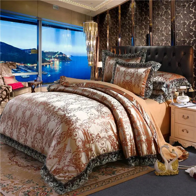 Luxury Jacquard Bedding Set Tencel Modal Duvet Cover 4PCS with Lace Satin Bed Sheet Pillowcases King and Queen Size Home Textile