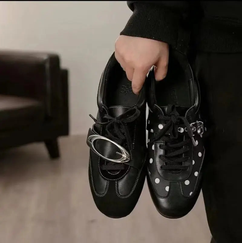 Korean Style Black Polka Dot Sneakers Women Spring 2026 Luxury Metal Decoration Designer Vulcanize Shoes Woman's Sports Shoes