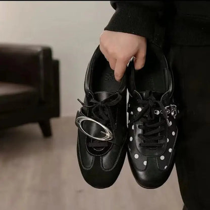 Korean Style Black Polka Dot Sneakers Women Spring 2026 Luxury Metal Decoration Designer Vulcanize Shoes Woman's Sports Shoes
