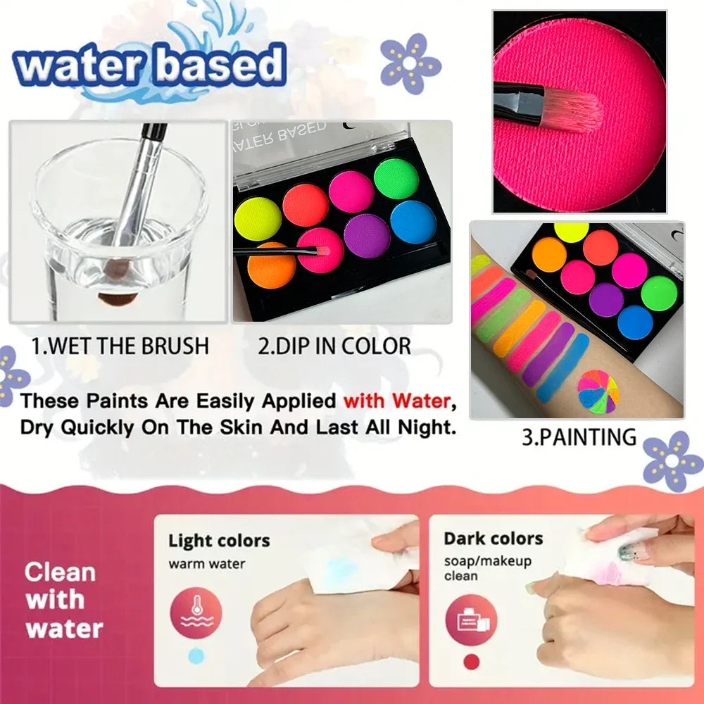 8 Colors Body Painting Palette for Tattoo Art UV Glow in The Dark Makeup Carnival Artist Cosplay Art Party Festival Cosmetics