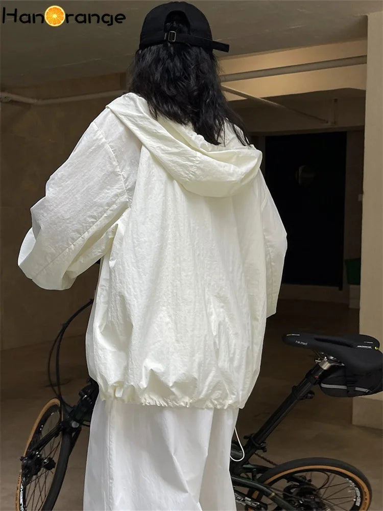 HanOrange 2026 Summer Light Transparent Hooded Zipper Sunscreen Jacket Women Loose Silhouette Thin Long Sleeve Jacket Female'