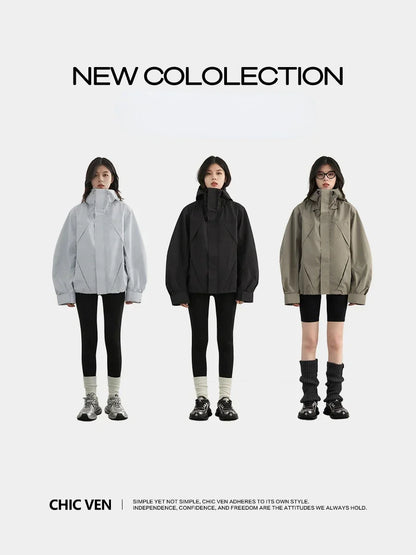 CHIC VEN Women Jacket Loose Solid Outdoor Jackets Casual Sports Hooded Short Coat Windproof Female Clothing Autumn Winter 2024