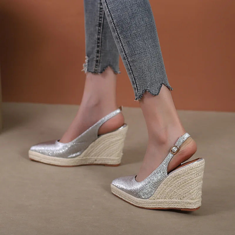 LIHUAMAO wedge ankle strap pointed toe shoes women slingback heels platform espadrilles shoes lady singback heel pumps