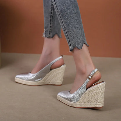 LIHUAMAO wedge ankle strap pointed toe shoes women slingback heels platform espadrilles shoes lady singback heel pumps