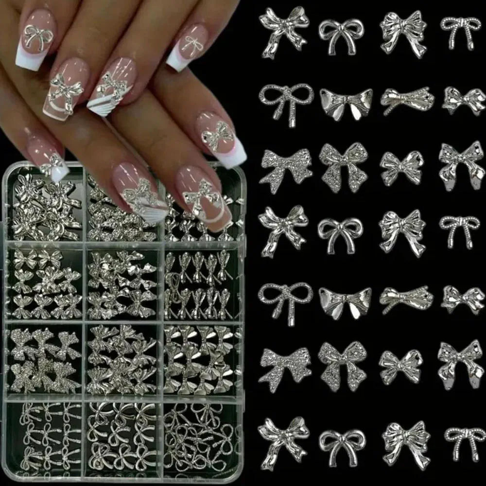 120Pcs/Box 3D Silver Exquisite Bowknot Nail Charms Simple Alloy Ribbon Bowtie Nail Art Decorations DIY Luxury Manicure Accessory
