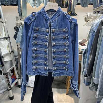 Retro Denim Military Jacket Women Vintage Solid Single Breasted Stand Collar Slim Short Jackets 2026 Lady Daily Street Outerwear