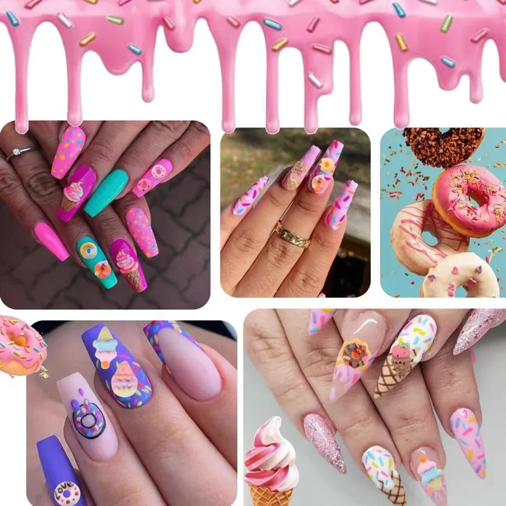 50Pcs 3D Mixed Donut Nail Charms Random Cartoon Flaback Doughnut Nails Art Decorations Kawaii Resin Dessert Manicure Accessories