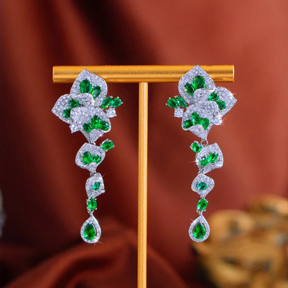 CWWZircons Elegant Green CZ Crystal Flower Water Drop Long Dangle Earrings for Women Beautiful Wedding Party Jewelry Gifts E1159