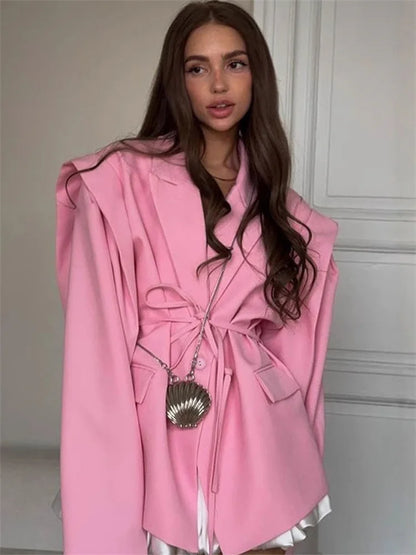 Tossy Elegant Commute Suit jacket Female Lace-Up Loose Pocket Patchwork Lapel Party Looks Outwear For Women Bandage Coat jacket