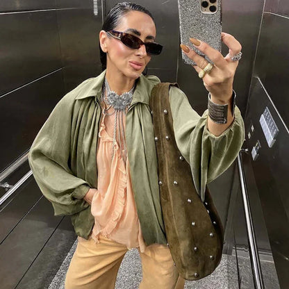 Women's Bomber Jacket Long Sleeve Pleats Street Wear With Zipper Green Beige Vintage Oversize Zip Up Casual Summer Jacket female