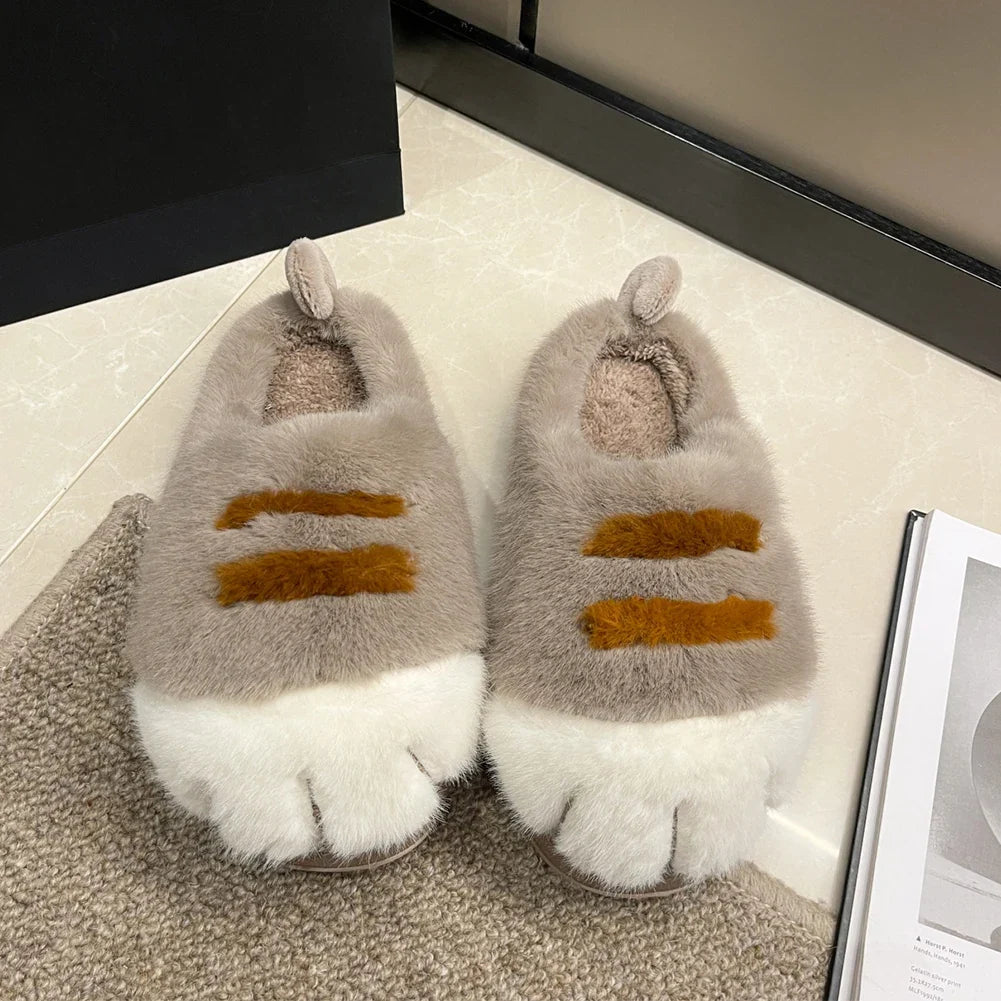 3D Cat Paw Plush Slippers Warm Slip-on House Shoes Anti Slip Flat Thermal Slippers Furry Paw Couple Slippers for Autumn Winter