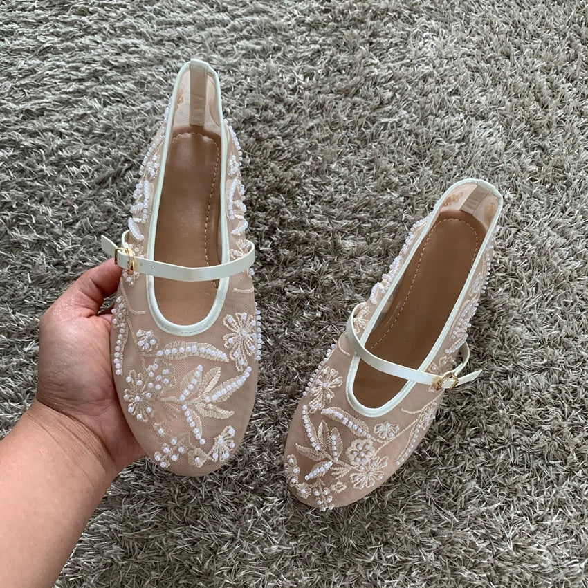 Mesh Embroidery String Bead Design Women Ballet Flats Fashion Buckle Breathable Mary Jane Shoe Comfort Low Heel Soft Flat Sandal