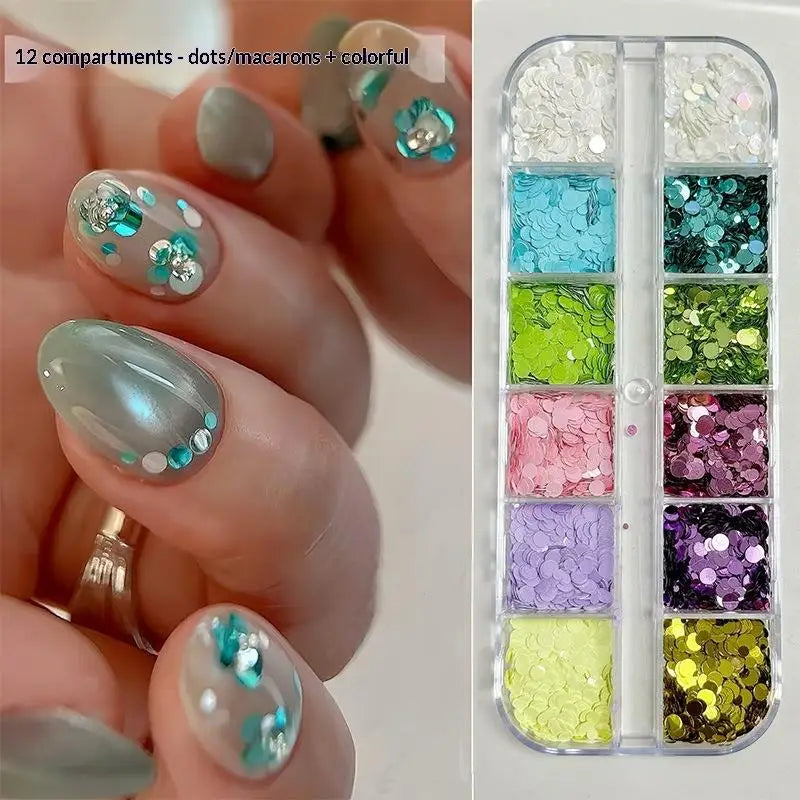 *12 Grids Mixed Mini Circular Colorful Nail Glitter Wave Point Sequin Sparkling Flower DIY Nail Decoration Nail Charms