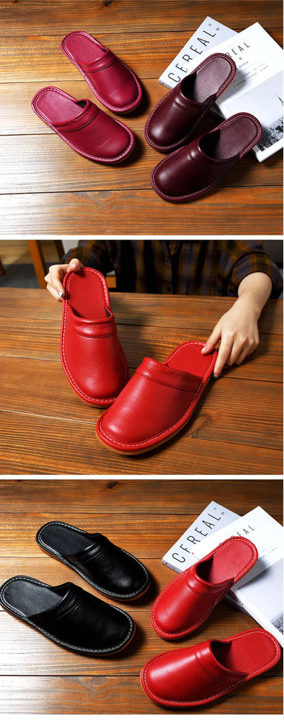 Luxury Men Leather Handmade Women Home Slippers Autumn Winter Plush Slip on Soft Black Brown Bedroom Indoor Flat Men Shoes