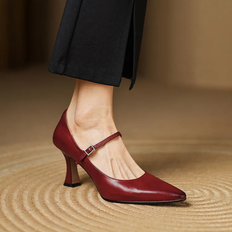 NEW Spring/Autumn Women Pumps Genuine Leather Shoes for Women Pointed Toe Thin Heel Shoes Shallow Buckle Strap Mary Janes Shoes