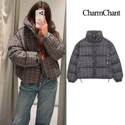 CharmChant Stand-Collar Plaid Puffer Jacket for Women Winter 2025 Padding Coat Female New in Coats Warm  Check Outerwears Parkas