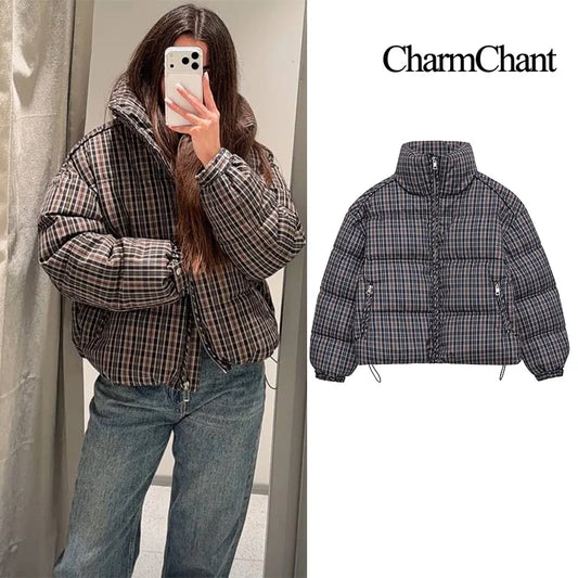 CharmChant Stand-Collar Plaid Puffer Jacket for Women Winter 2025 Padding Coat Female New in Coats Warm  Check Outerwears Parkas