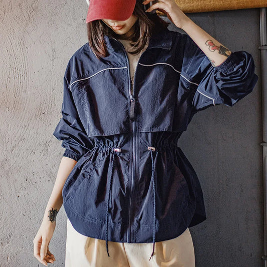 Maden Women's Lightweight Stand Collar Short Windbreaker Jacket Navy Blue Contrast Parka with Waist Cinching for Spring and Fall