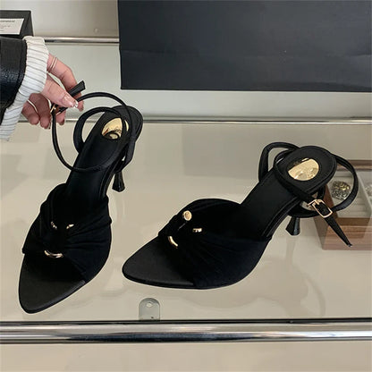 Eilyken Summer Fashion Thin Heels Pleated Hollow Out Buckle Strap Women Sandals Pointed Toe Banquet Party Female Shoes  6CM 9CM