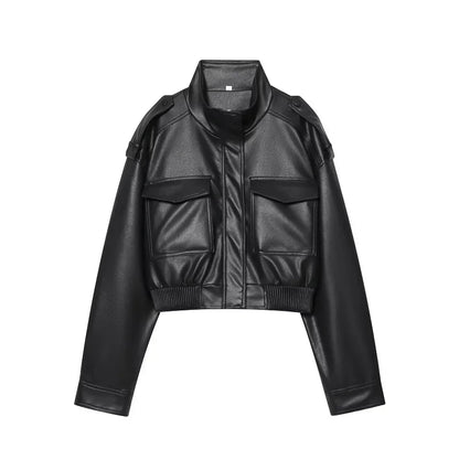 MUJER Faux Leather Cropped Jacket Women Bomber Demi-season Jackets for Women Long Sleeve Women's Coats Zip Overcoat Jacket Women