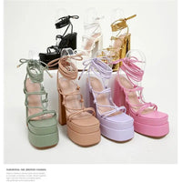 FF2025 New Fashion Solid Colored Cross-tied Heels Supper High Platform Dressing Sandals Peep-toe Square Heel Summer Footwear