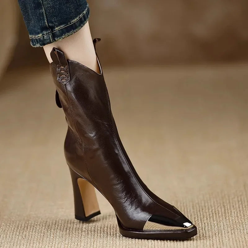 2024 New Metal Square Toe Ankle Boots for Women Fashion Patent Leather Women's Shoes Botas Mujer High Heels Shoes Women Zapatos