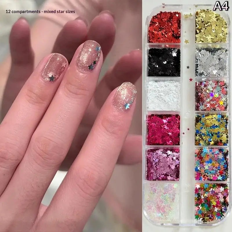 *12 Grids Mixed Mini Circular Colorful Nail Glitter Wave Point Sequin Sparkling Flower DIY Nail Decoration Nail Charms