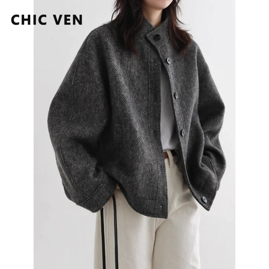 CHIC VEN Women Short Woolen Coat New Stand Up Twill Texture Single Breasted Ladies Jacket Retro Woman Outwear Autumn Winter 2025