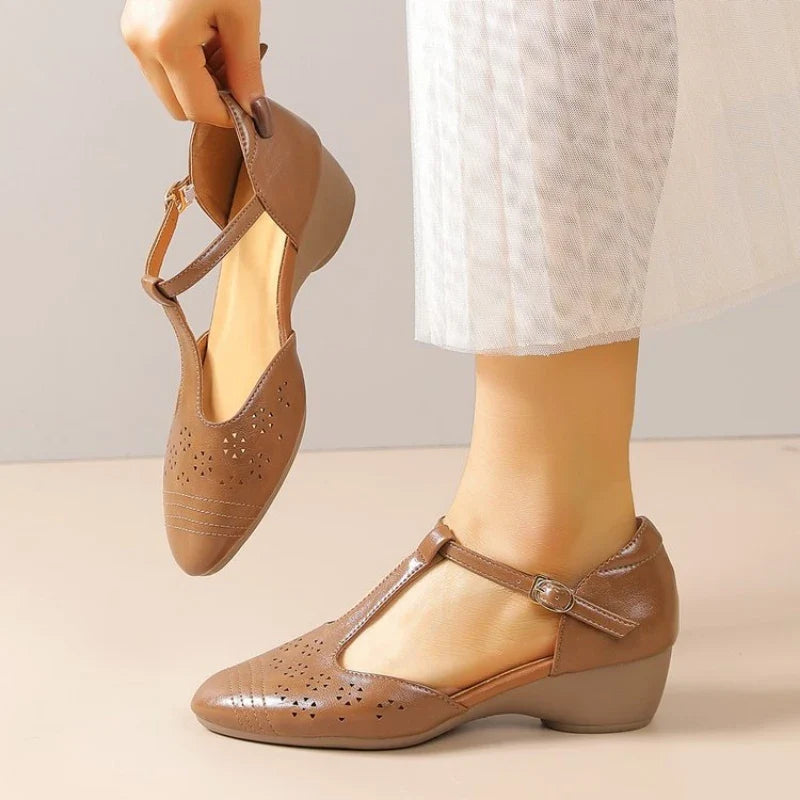 Women's Plus Size Retro Cutout Wedge Loafers, Adjustable T-Strap Breathable Pumps for Summer Daily & Commute
