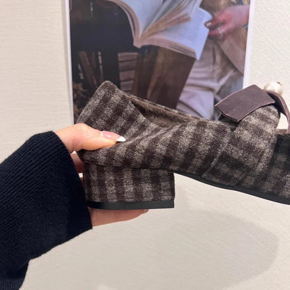 Elegant Chunky Heel Mary Jane Shoe for Women Bowknot Pearls Decoration Plaid Print Design Autumn Pumps Fashion Party Dress Heels