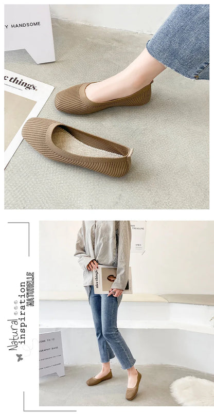 Women Leisure Flats Summer Autumn Flat Shoes Breathable Knitted Square Toe Slip-on Female Daily Walking Driving Loafers