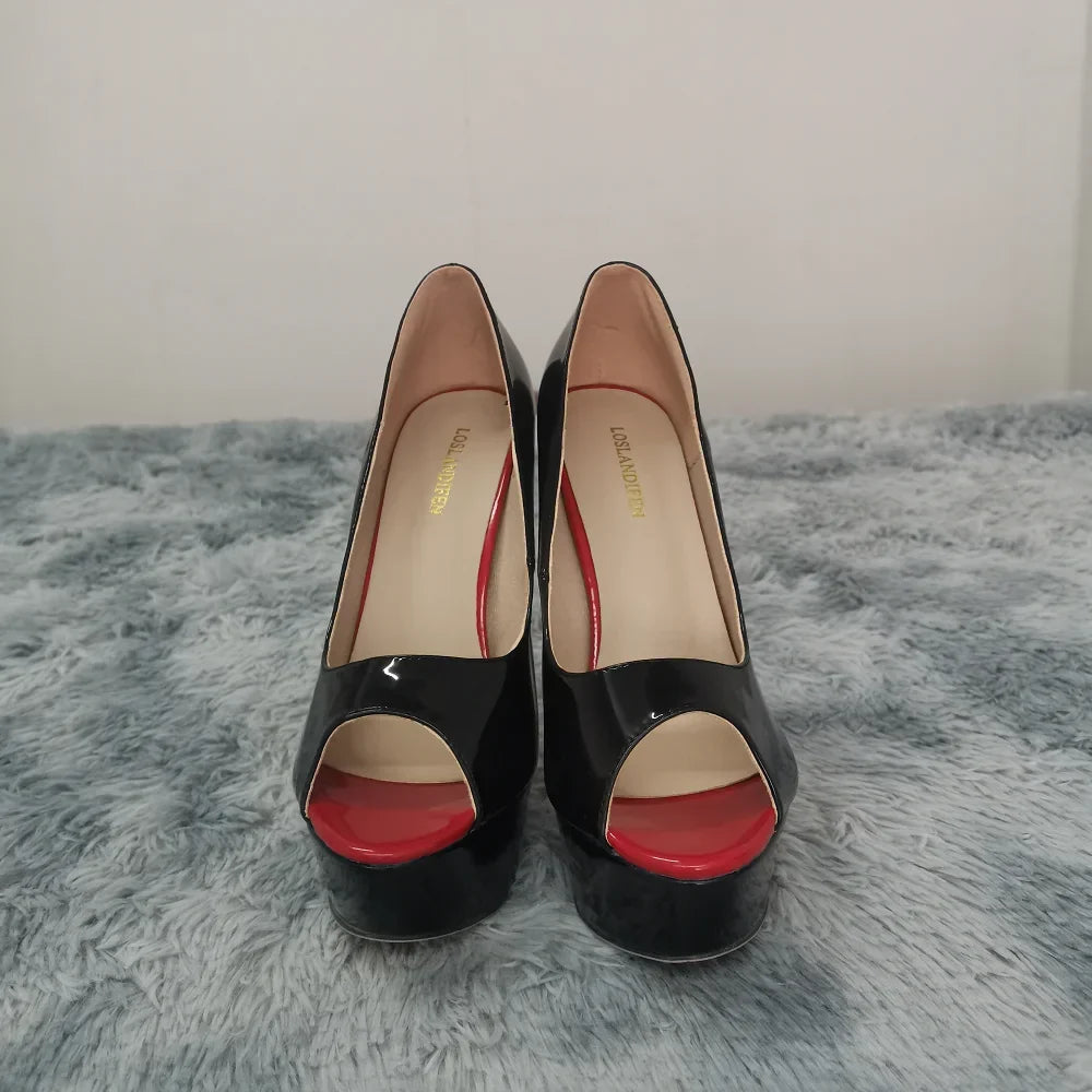Women Pumps Sexy Platform Peep Toe 14cm Extremely Thin High Heels Stiletto Patent Leather Fashion Party Nighclub Wedding Shoes
