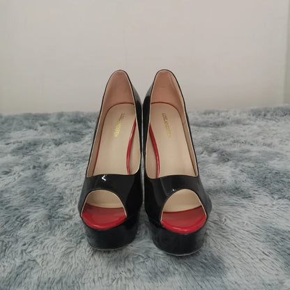 Women Pumps Sexy Platform Peep Toe 14cm Extremely Thin High Heels Stiletto Patent Leather Fashion Party Nighclub Wedding Shoes