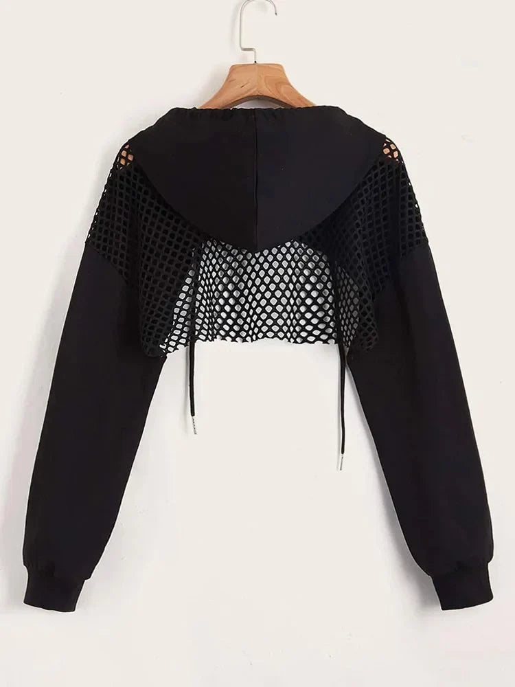 Street Sport Drop Shoulder Drawstring Hollow Out Super Crop Sports Hoodie Without Cami Top