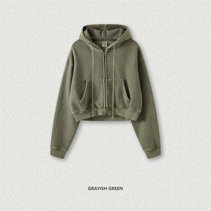 ZODF Retro 2025 Winter Women Short Zipper Hoodies Female Girls Loose 355gsm Thick Fleece Hooded Zip-up Coat Streetwears HY0448
