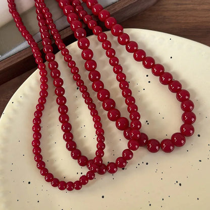 Handmade Vintage Chinese Style Glass Bead Necklace with Antique Red Glass Beads and Gold Coin Closure, Versatile Neckpiece