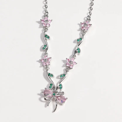Summer New Fashion Exquisite Bow Leaf Flower Necklace For Women's Elegant Pink Zircon Chain Pendant Jewelry Gifts