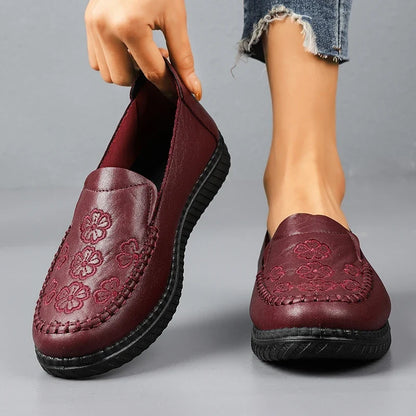 Women's Spring Autumn Leather Loafers Floral Embossed Slip‑On Flats Anti‑Slip Comfort Casual Mom Daily Walking Free Shipping