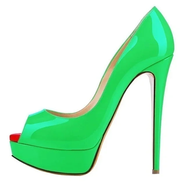 Women Pumps Sexy Platform Peep Toe 14cm Extremely Thin High Heels Stiletto Patent Leather Fashion Party Nighclub Wedding Shoes