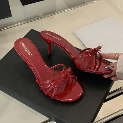 Women Thin Heels Sandals Slides Shoes Butterfly-Knot Footwear Fashion Round Toe Ladies High Heels Shoes Female Sandals Pumps