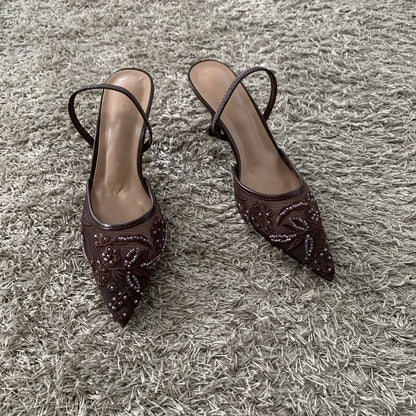 2026 String Bead Mesh Embroider Slingback High Heels Women Sexy Pointed Toe Heeled Sandals Summer Elegant Luxury Designer Shoes