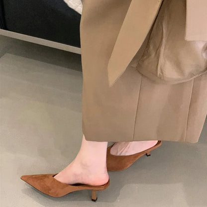 Summer Fashion Thin Mid Heels Women Slippers Elegant Pointed Toe Party Dress Mule Slides Shoes Zapatos Mujer