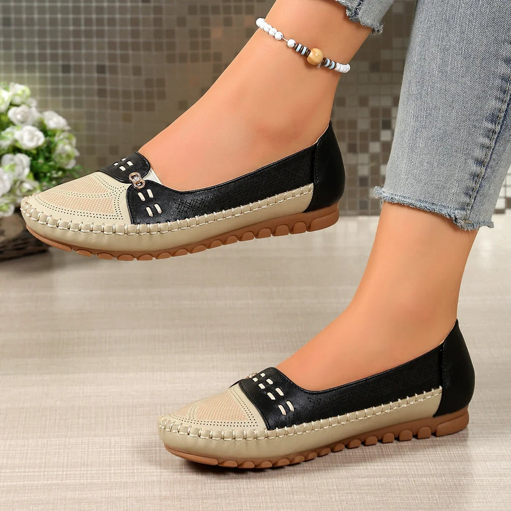 goreyodoly Women Slip On Loafers Wide Fit Comfortable Flats Lightweight Breathable Colorblock Shoes Chain Detail Durable Rubber