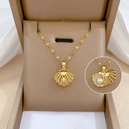 ZAKOL Korean Light Luxury Shell Pearl Necklace For Women Micro Inlaid Zircon Love Heart Moon Choker Wedding Jewelry